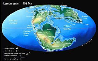 hxonews   Εικόνα 2. Οι Ήπειροι και ο Ωκεανός της Τιθύος κατά το τέλη του Ιουρασικού