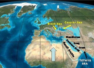 hxonews Εικόνα 7. Βόρεια μετακίνηση της Αφρικανικής Ηπείρου κατά τα μέσα του Μιοκαίνου και πριν την προσκόλληση της Αραβικής Πλάκας στην Ασιατική Ήπειρο και το κλείσιμο του διαύλου επικοινωνίας της Τιθύος με τον Ατλαντικό Ωκεανό, Scotese, 2000